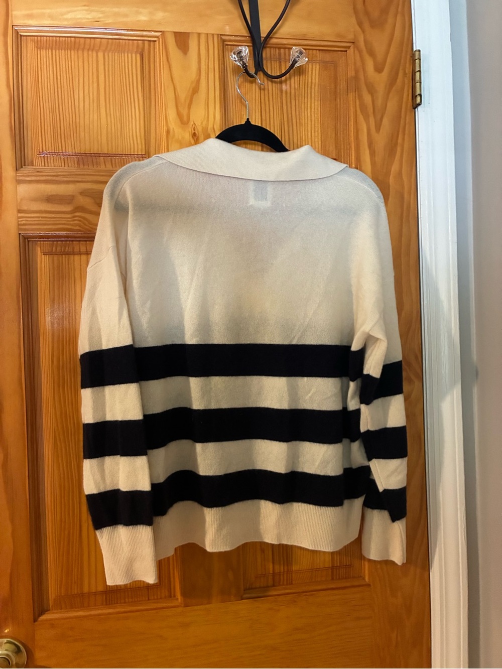 Joie Cashmere Cream & Black Striped V-Neck Polo Sweater - Picture 3 of 3